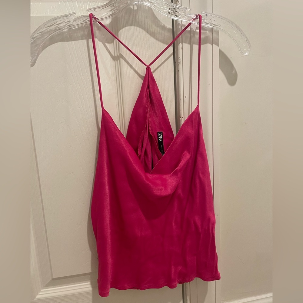 Zara Hot Pink Satin Cowl Neck Tank Top, Size M